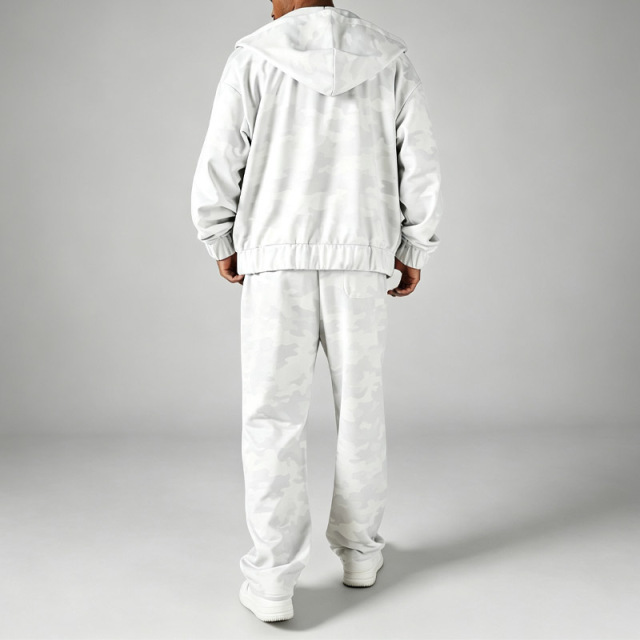Men All Over Light White Camo Full Zip Hooded Tracksuit Oversized Fit Flock Print Embroidery Wide Leg Streetwear Two Piece Set