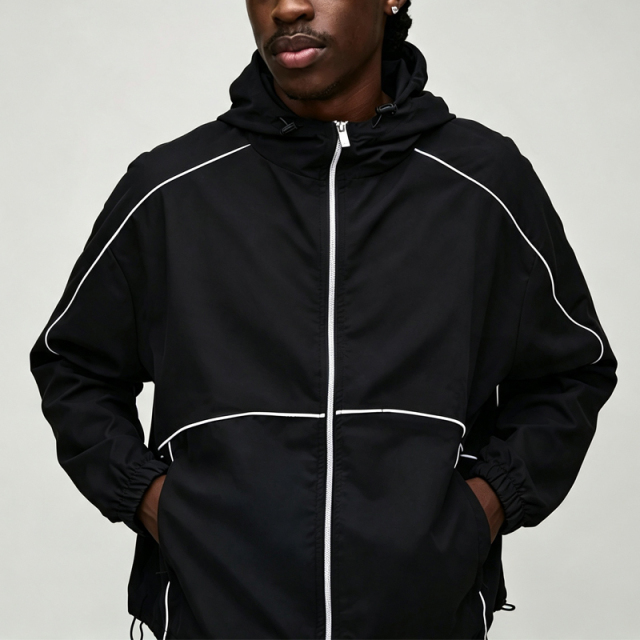Custom Sets Jacket Set and hoodie set with contrasting piping - Men's urban tech-inspired nylon tracksuit,Leading Custom Apparel Manufacturer | Your Trusted China Sourcing Partner | YC/YUECHI,Custom Made Lightweight Windbreaker Jacket Shorts 2 Pieces Contrast Piping Hooded Nylon Men's Urban Techwear Tracksuit