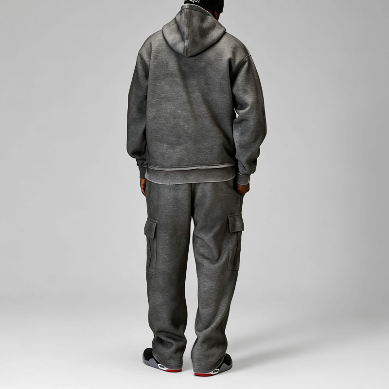 Custom Men's Oversized Fit Tracksuit Heavyweight 450 Gsm Fleece Distressed Cracked Spray Printing Graphic Cargo Baggy 2 Piece
