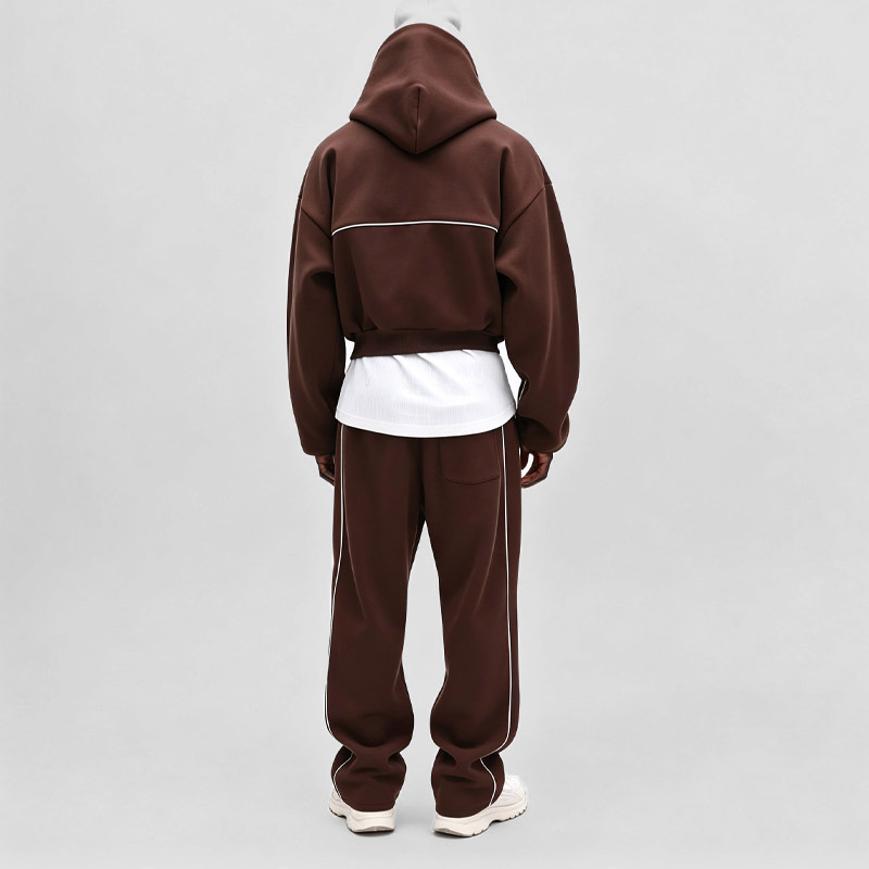 Custom Men Brown Cropped Boxy Fit Hoodie Tracksuit White Piping Screen Print Heavyweight Fleece Streetwear Two Piece Set