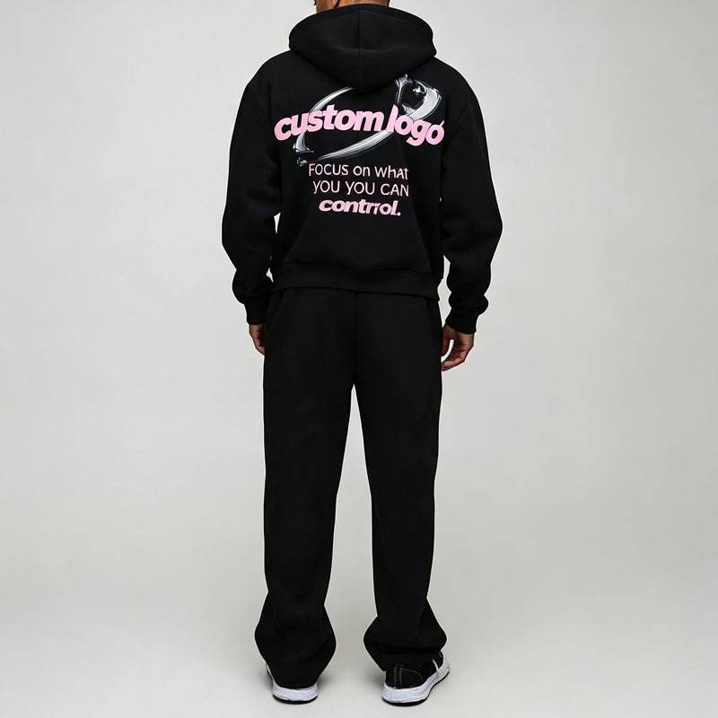 Custom Puff Printing 2 Pieces Full Zip up Hooded Boxy Fit Wide Leg Black Cotton Fleece Urban Men's Tracksuit Set