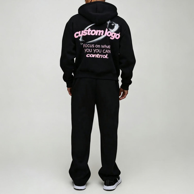 Custom Puff Printing 2 Pieces Full Zip up Hooded Boxy Fit Wide Leg Black Cotton Fleece Urban Men's Tracksuit Set