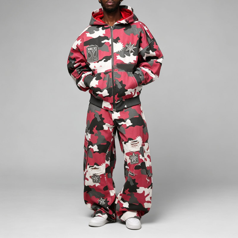 Custom Street Mens Camo Oversized Boxy Fit Full Zip Hoodie DTG Print Embroidery Cargo Pocket Rip Distress Lining Tracksuit