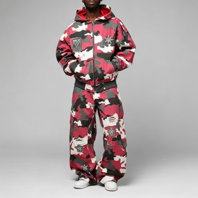 Custom Street Mens Camo Oversized Boxy Fit Full Zip Hoodie DTG Print Embroidery Cargo Pocket Rip Distress Lining Tracksuit