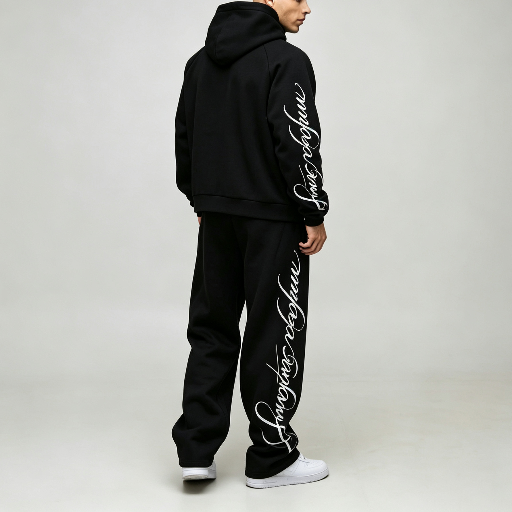 Custom Screen Print Cursive Graphic Black Fleece 2 Pieces Pullover Hoodie Wide Leg Sweatpants Urban Men's Tracksuit Set