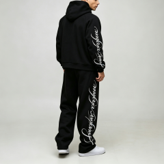 Custom Screen Print Cursive Graphic Black Fleece 2 Pieces Pullover Hoodie Wide Leg Sweatpants Urban Men's Tracksuit Set