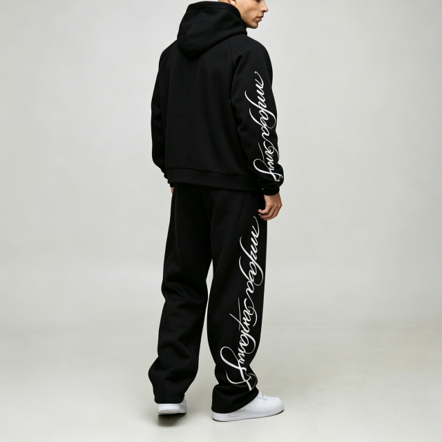 Custom Screen Print Cursive Graphic Black Fleece 2 Pieces Pullover Hoodie Wide Leg Sweatpants Urban Men's Tracksuit Set