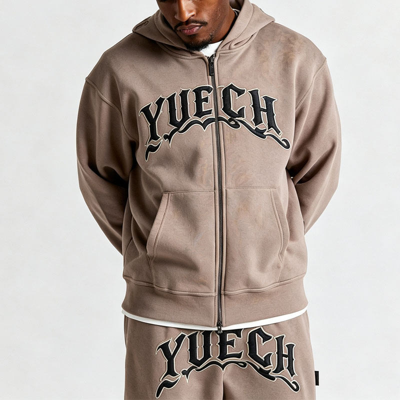 Custom Men's Oversized Boxy Fit Zip Hoodie Tracksuit Heavyweight Fleece 3D Embroidery Kangaroo Pocket Relaxed Jogger 2 Piece Set