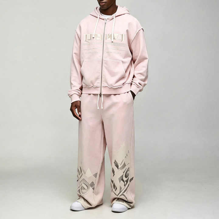 Custom Men's Winter Oversized Boxy French Terry Washed Zip Hoodie Wide Leg Sweatpants 100% Cotton Vintage Graphic Streetwear