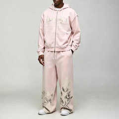 Custom Men's Winter Oversized Boxy French Terry Washed Zip Hoodie Wide Leg Sweatpants 100% Cotton Vintage Graphic Streetwear