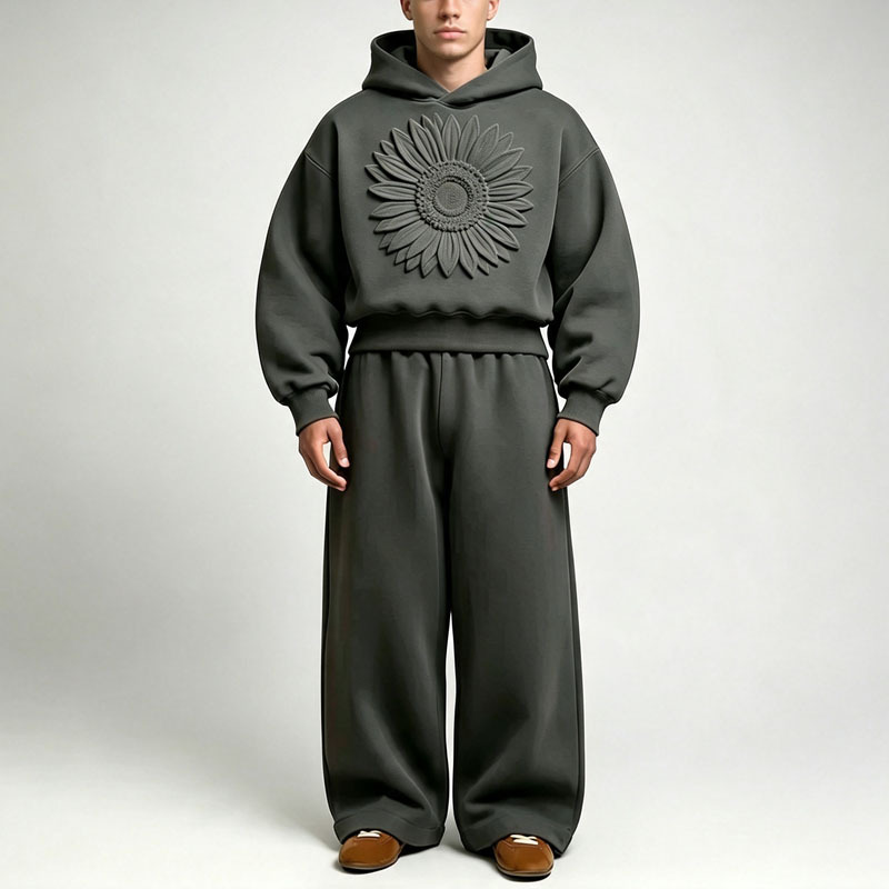Custom 3D Embossed 100% Cotton French Terry Winter Hooded 2-Piece Boxy Cropped Wide-Leg Baggy Urban Streetwear Men's Heavyweight