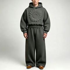 Custom 3D Embossed 100% Cotton French Terry Winter Hooded 2-Piece Boxy Cropped Wide-Leg Baggy Urban Streetwear Men's Heavyweight