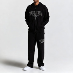 Men Regular Fit Hoodie Tracksuit 440 Gsm 100% Cotton Raw Edge Screen Print Double Ended Zip Wide Leg Sweatpants 2 Piece Set