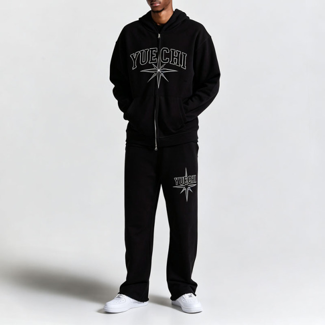 Men Regular Fit Hoodie Tracksuit 440 Gsm 100% Cotton Raw Edge Screen Print Double Ended Zip Wide Leg Sweatpants 2 Piece Set