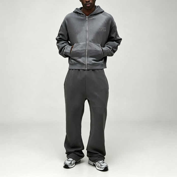 Custom Winter Sun Faded French Terry 2 Pieces Full Zip Boxy Fit Cropped Charcoal Cotton Men's Heavyweight Streetwear Tracksuit