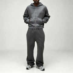 Custom Winter Sun Faded French Terry 2 Pieces Full Zip Boxy Fit Cropped Charcoal Cotton Men's Heavyweight Streetwear Tracksuit