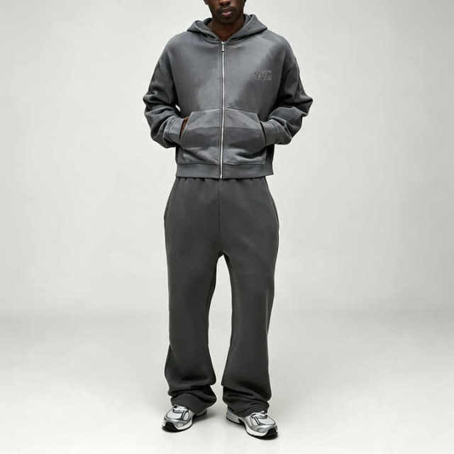 Custom Winter Sun Faded French Terry 2 Pieces Full Zip Boxy Fit Cropped Charcoal Cotton Men's Heavyweight Streetwear Tracksuit