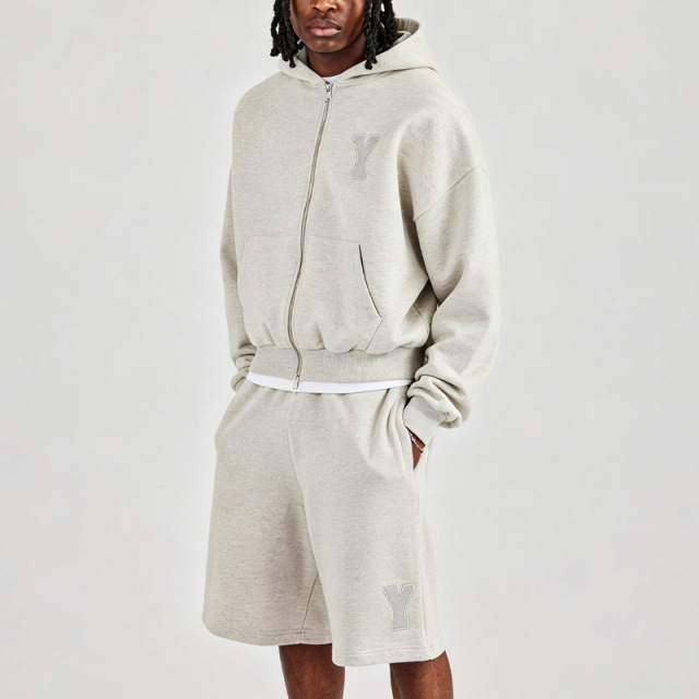Men Oversized Boxy Fit Full Zip Hoodie Knee Length Short 2 Piece Tracksuit Set Heavyweight Jersey Applique Logo Streetwear