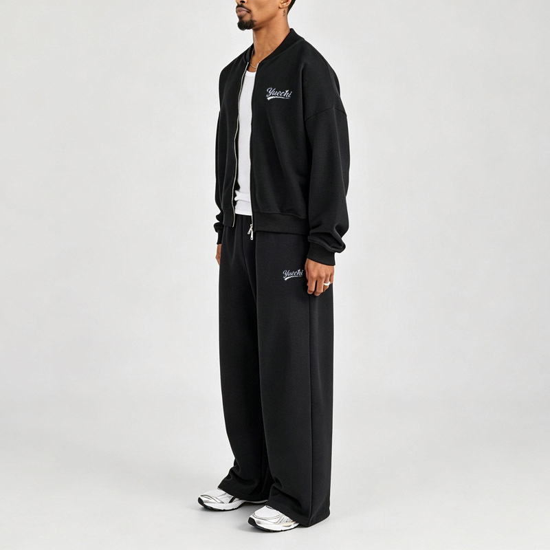 Men Oversized Cropped Boxy Heavyweight Jersey Bomber Jacket Wide Leg Sweatpants 2 Piece Set 100% Cotton Embroidery Tracksuit
