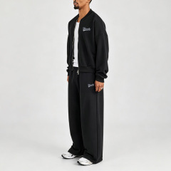 Men Oversized Cropped Boxy Heavyweight Jersey Bomber Jacket Wide Leg Sweatpants 2 Piece Set 100% Cotton Embroidery Tracksuit