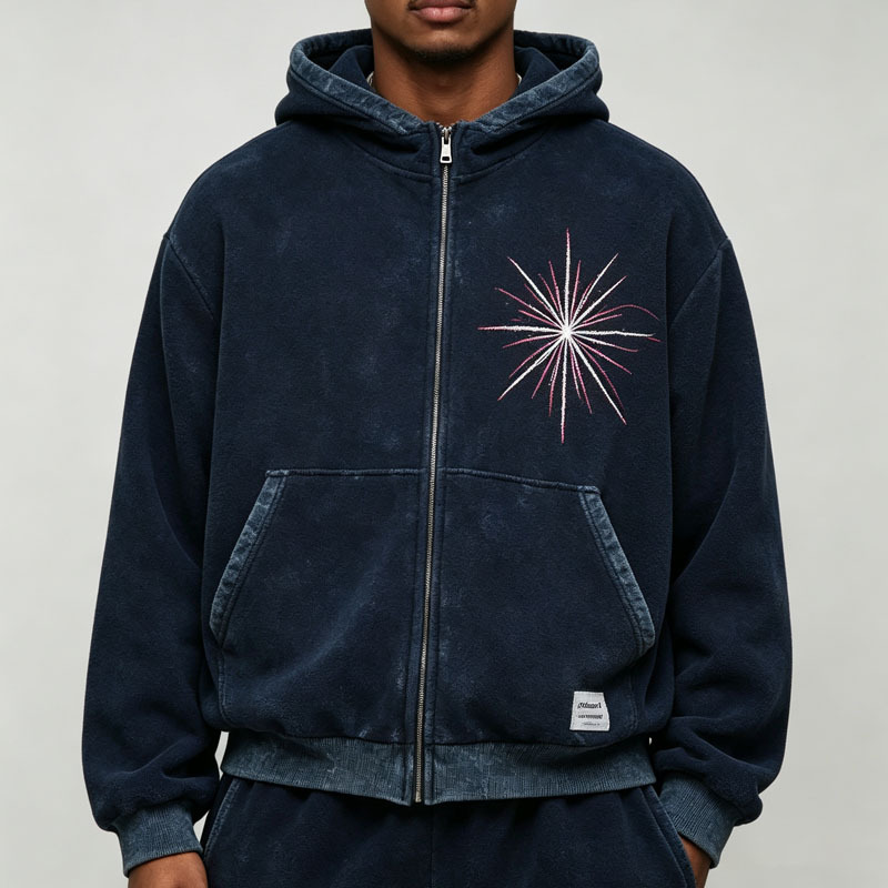 Custom Men's Cropped Zip up Hoodie Wide Leg Jogger Tracksuit Vintage Washed Fleece Star Embroidery Streetwear Two Piece Outfit