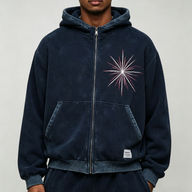 Custom Men's Cropped Zip up Hoodie Wide Leg Jogger Tracksuit Vintage Washed Fleece Star Embroidery Streetwear Two Piece Outfit