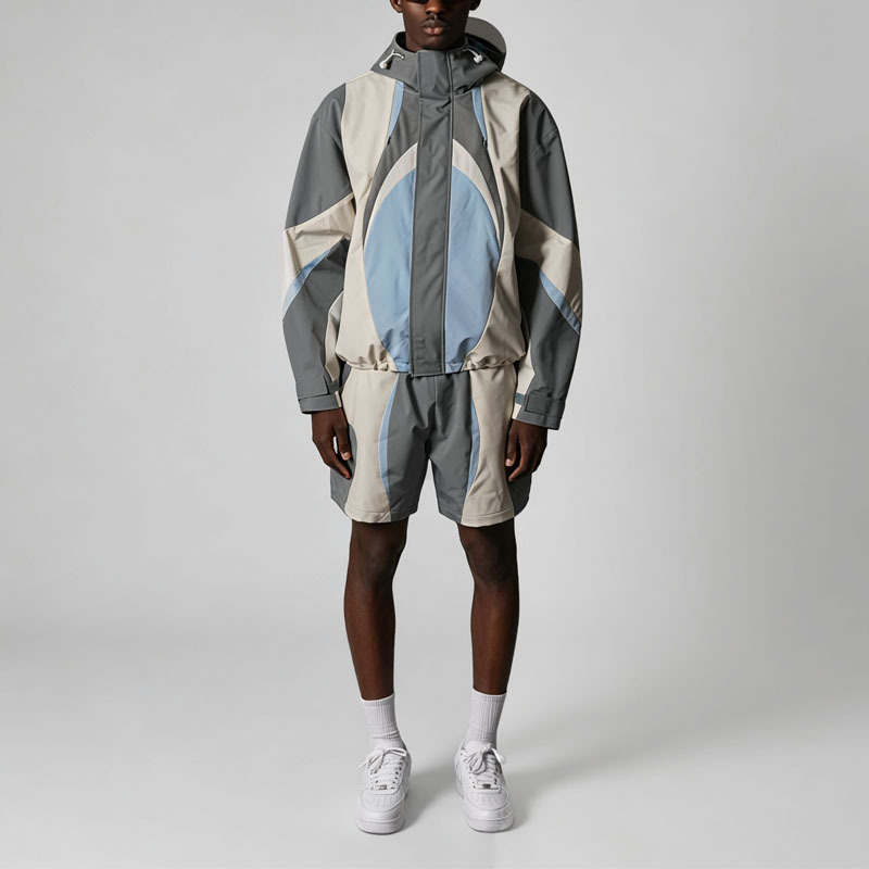 Custom Mens Multi Color Block Patchwork Nylon Tracksuit Full Zip Hooded Lightweight Shell Jacket Short Set Streetwear 2 Pieces