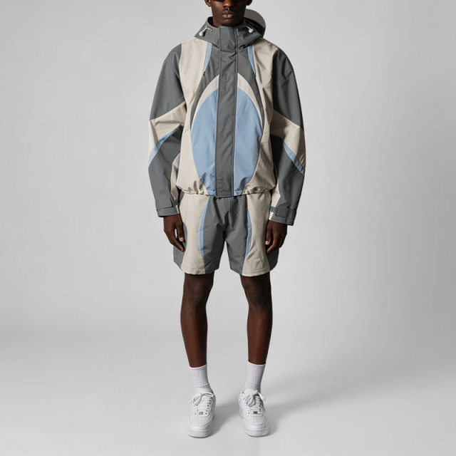 Custom Mens Multi Color Block Patchwork Nylon Tracksuit Full Zip Hooded Lightweight Shell Jacket Short Set Streetwear 2 Pieces