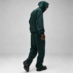 Custom Men Dark Green 3D Bubble Waffle Jacquard Tracksuit Screen Printing Oversized Hoodie Wide Leg Sweatpants Streetwear