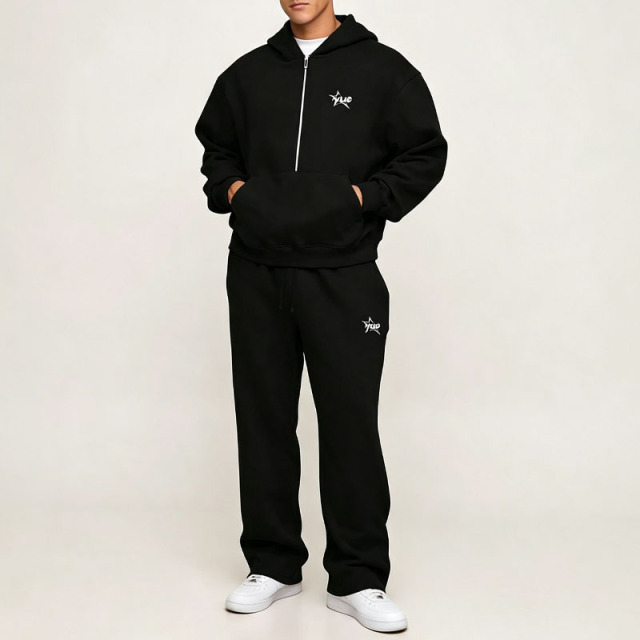 Custom Made Half Zip 100% Cotton French Terry Boxy Fit Baggy Star Graphic Screen Print Heavyweight Men's Casual Tracksuit Set