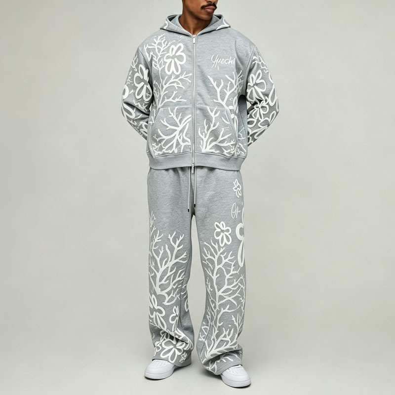 Custom 100% Cotton French Terry 3D Foam Puff Printing Full Zip 2 Pieces Boxy Fit Cropped Baggy Men's Heather Grey Tracksuit Set