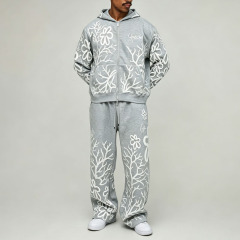 Custom 100% Cotton French Terry 3D Foam Puff Printing Full Zip 2 Pieces Boxy Fit Cropped Baggy Men's Heather Grey Tracksuit Set