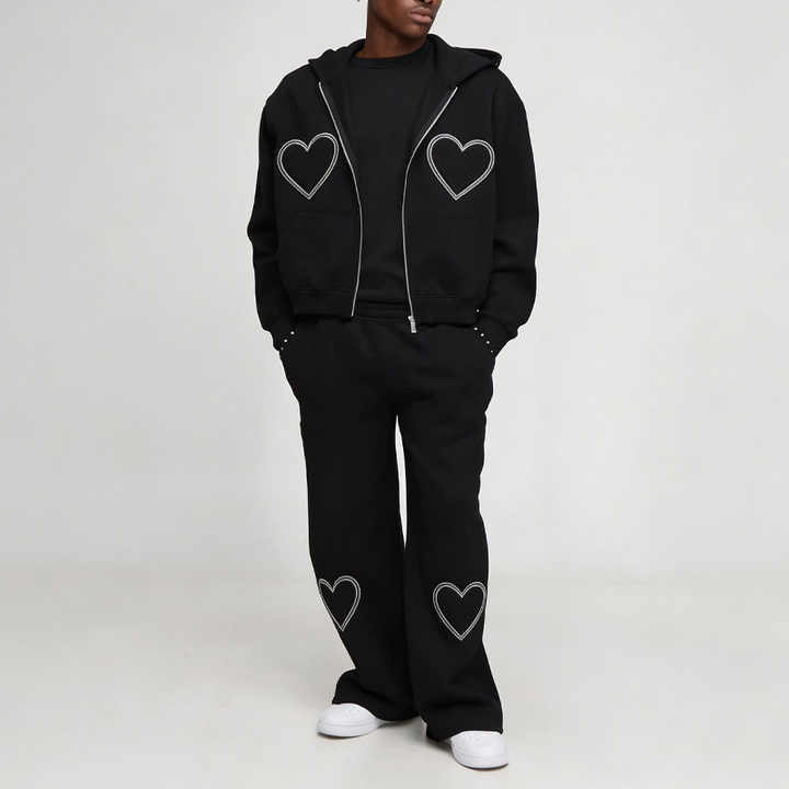Custom Men Boxy Oversized Full Zip Hoodie Tracksuit 2 Piece Set 100% Cotton French Terry Heart Applique Embroidery Streetwear