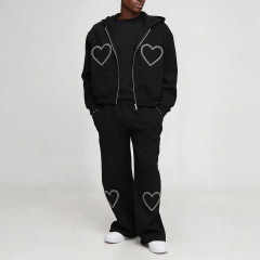 Custom Men Boxy Oversized Full Zip Hoodie Tracksuit 2 Piece Set 100% Cotton French Terry Heart Applique Embroidery Streetwear