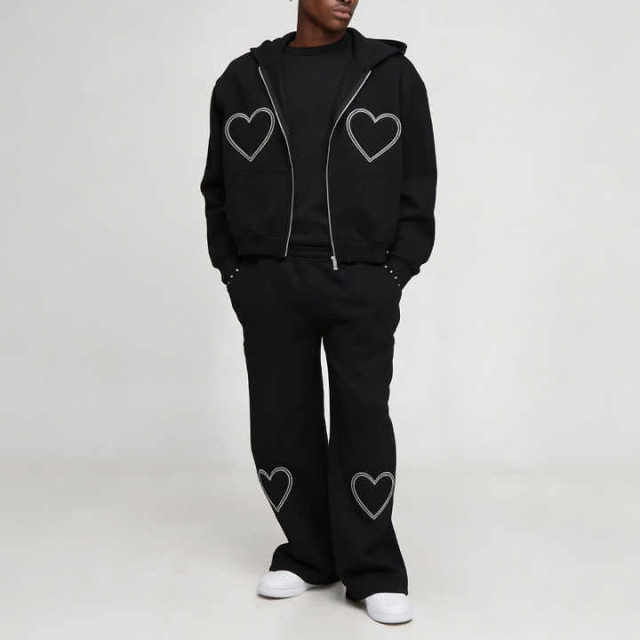 Custom Men Boxy Oversized Full Zip Hoodie Tracksuit 2 Piece Set 100% Cotton French Terry Heart Applique Embroidery Streetwear