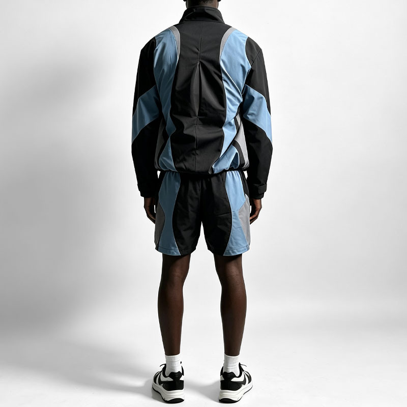 Custom Men's Color Block Screen Print Tracksuit Stand Collar Full Zip Motion Vent Back Jacket and Short 2 Pieces Sets Streetwear