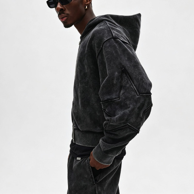 Custom Men Cropped Oversized Full Zip Tracksuit Heavyweight French Terry Snow Wash Star Applique Baggy Two Piece Streetwear Set