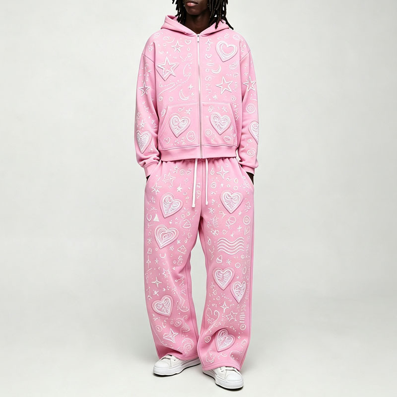 Custom Pink Applique Embroidery 2 Pieces Boxy Full Zip Wide Leg Cotton Winter Hooded Streetwear Men's Fleece Tracksuit Set