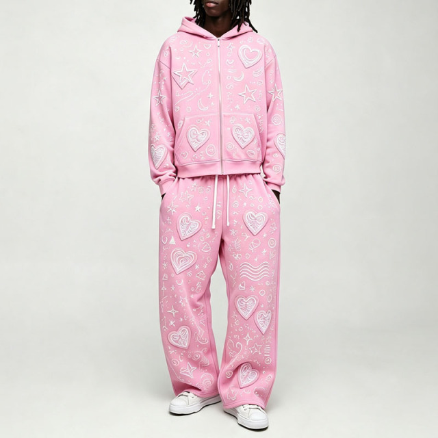 Custom Pink Applique Embroidery 2 Pieces Boxy Full Zip Wide Leg Cotton Winter Hooded Streetwear Men's Fleece Tracksuit Set
