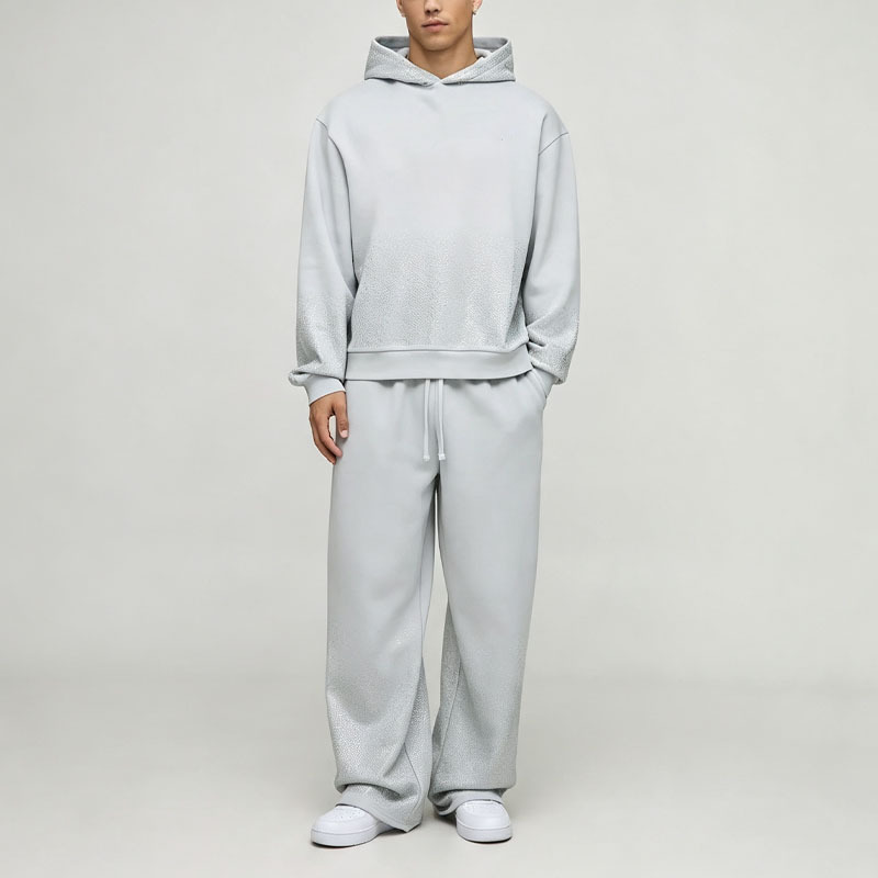 Custom Rhinestone French Terry Winter 2 Pieces Dropped Shoulder Boxy Fit Wide Leg Eco-friendly Hooded Streetwear Men's 100%