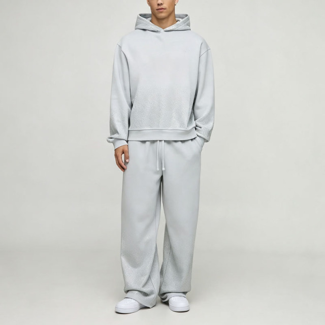 Custom Rhinestone French Terry Winter 2 Pieces Dropped Shoulder Boxy Fit Wide Leg Eco-friendly Hooded Streetwear Men's 100%