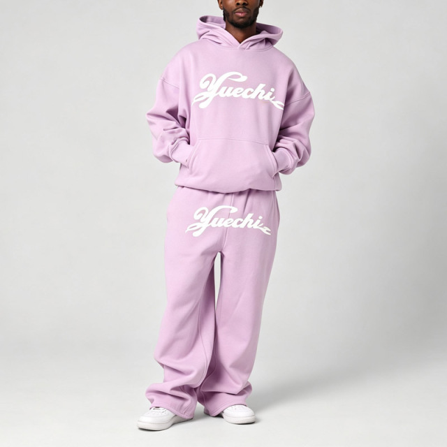 Custom 100% Cotton Fleece Mens Drop Shoulder Hooded 2 Piece Set Oversized Baggy Screen Print Wide Leg Tracksuit Light Purple