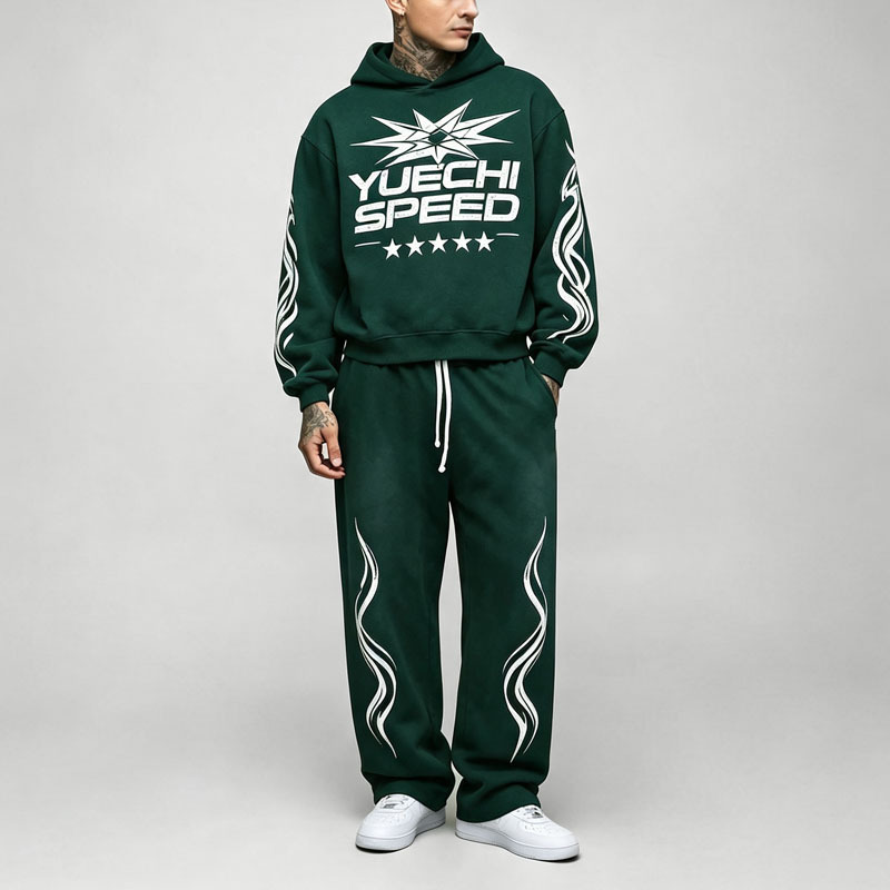 Custom Screen Print Heavyweight 100% Cotton Fleece 2 Pieces Boxy Fit Baggy Pullover Black Green Men's Tracksuit Set