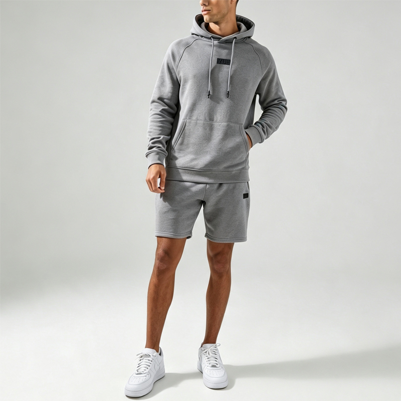 Custom Made Raglan Sleeve Patch Embroidery 2 Pieces Pullover Hoodie Knee Length Shorts Heather Grey Men's Urban Tracksuit Set