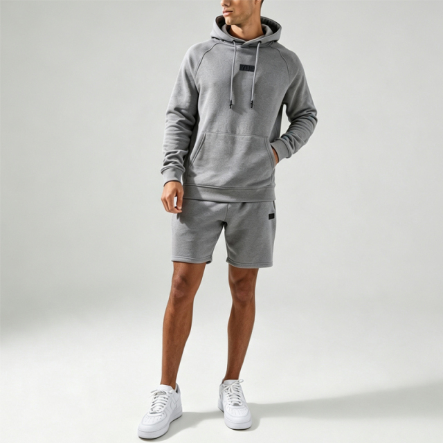 Custom Made Raglan Sleeve Patch Embroidery 2 Pieces Pullover Hoodie Knee Length Shorts Heather Grey Men's Urban Tracksuit Set