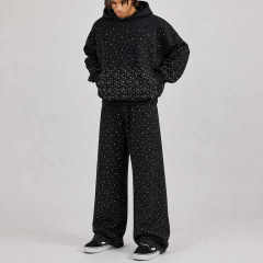 Men Boxy Oversized Hoodie Tracksuit Black Rhinestone 100% Cotton French Terry Drop Shoulder Wide Leg Sweatpants Streetwear