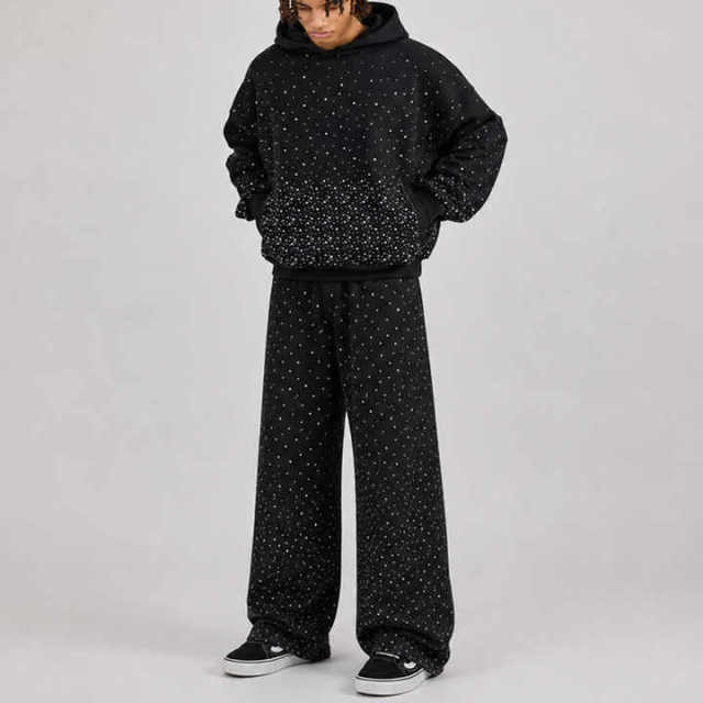 Men Boxy Oversized Hoodie Tracksuit Black Rhinestone 100% Cotton French Terry Drop Shoulder Wide Leg Sweatpants Streetwear