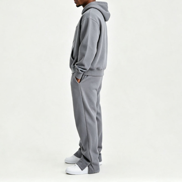 Custom DTG Printing Fleece 2 Pieces Boxy Fit Baggy Split Hem Heather Grey Cotton Apparel Men's Sportswear Tracksuit