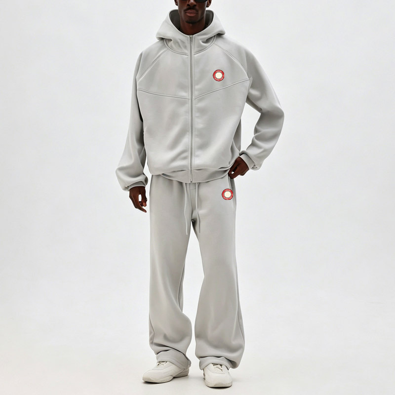 Men Raglan Sleeve Full Zip Hooded Tracksuit Half Collar Silkscreen Print Wide Leg Sweatpants Elastic Waist Casual Streetwear