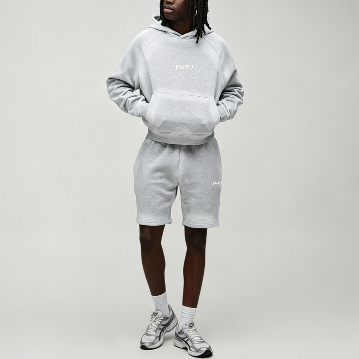 Custom Winter Spray Puff Print Heather Grey Boxy Cropped Hoodie Knee Length Shorts 2 Pieces Cotton Streetwear Men's Fleece